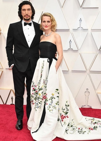 Adam Driver in Burberry, Joanne Tucker in vintage Oscar de la Renta